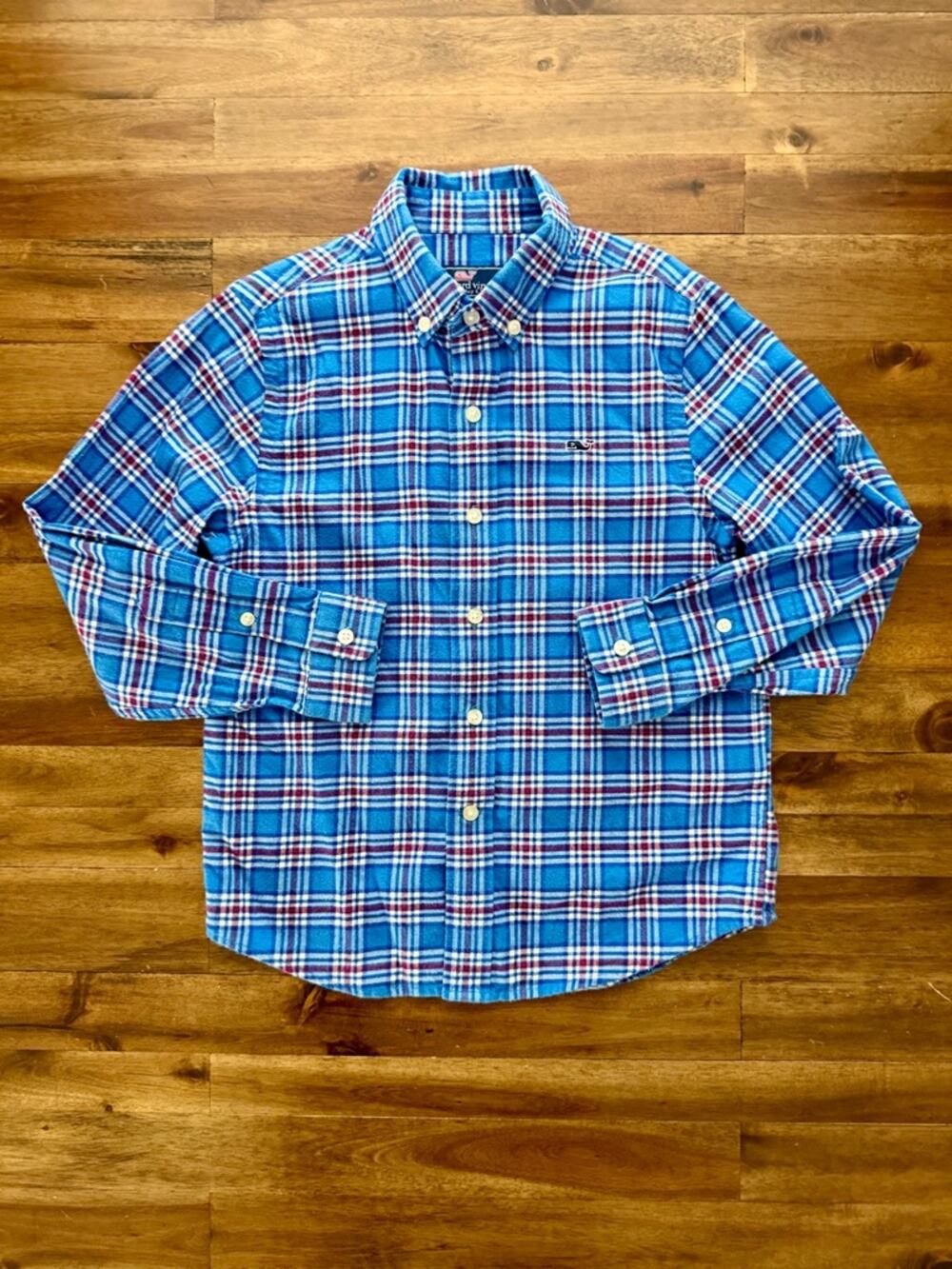 Vineyard Vine Boys Blue Red White Flannel Plaid Button Down Shirt 6 Long Sleeve